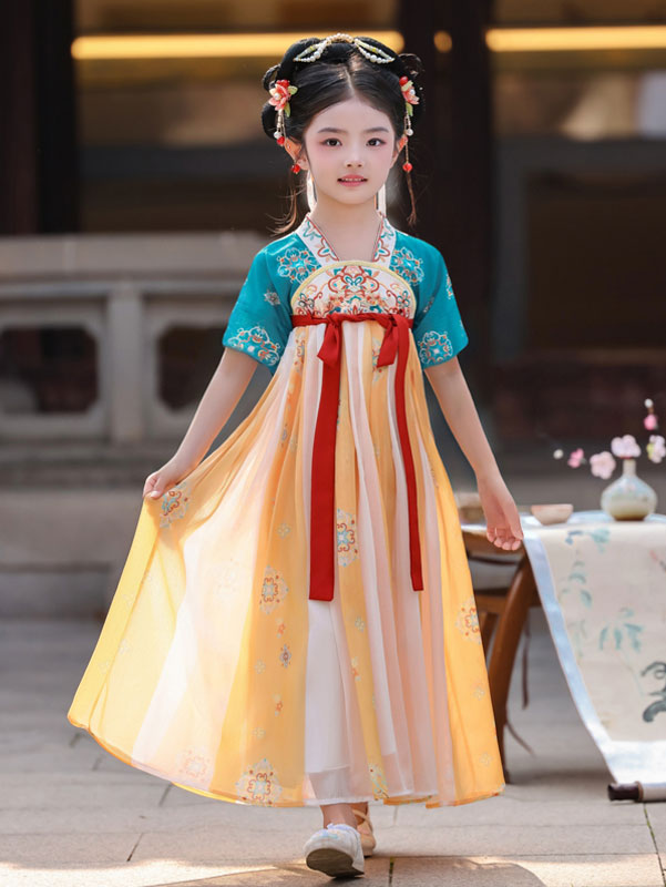 Yellow Embroidered Kids Girls Ancient Hanfu Costume Dress 汉服洛神