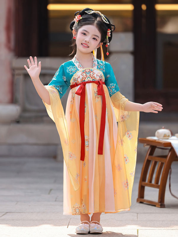 Yellow Embroidered Kids Girls Ancient Hanfu Costume Dress 汉服洛神