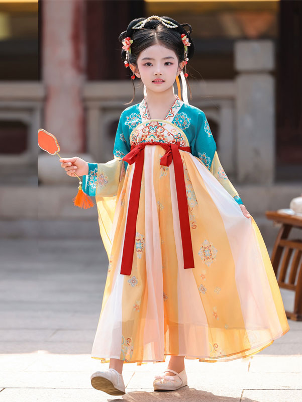 Yellow Embroidered Kids Girls Ancient Hanfu Costume Dress 汉服洛神