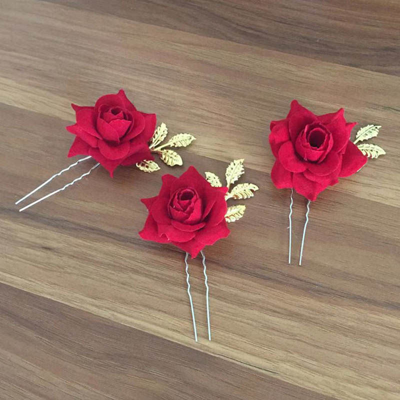 3 Pieces Fabric Rosette Bridal Hair Pins Set