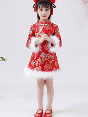 Red A-Line Jacquard Kids Girls Qipao Cheongsam Dress