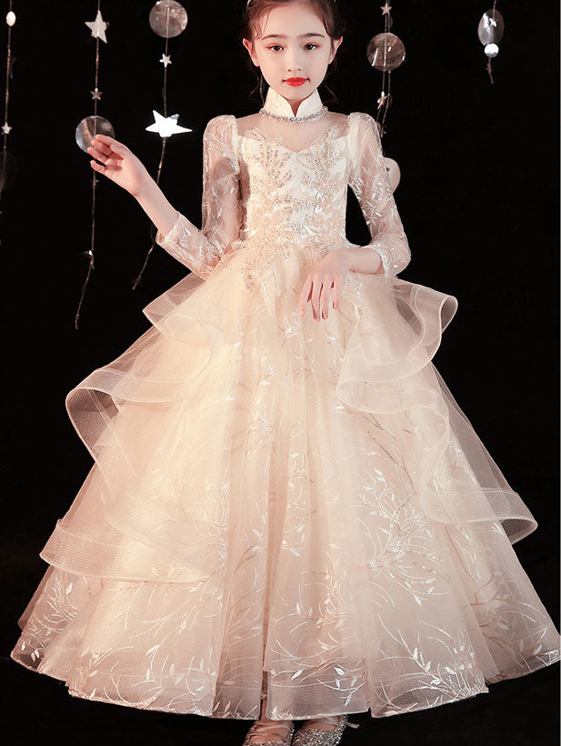 Beige Sequins Girls Tulle Wedding Birthday Cheongsam Dress