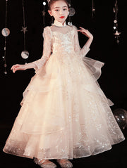 Beige Sequins Girls Tulle Wedding Birthday Cheongsam Dress