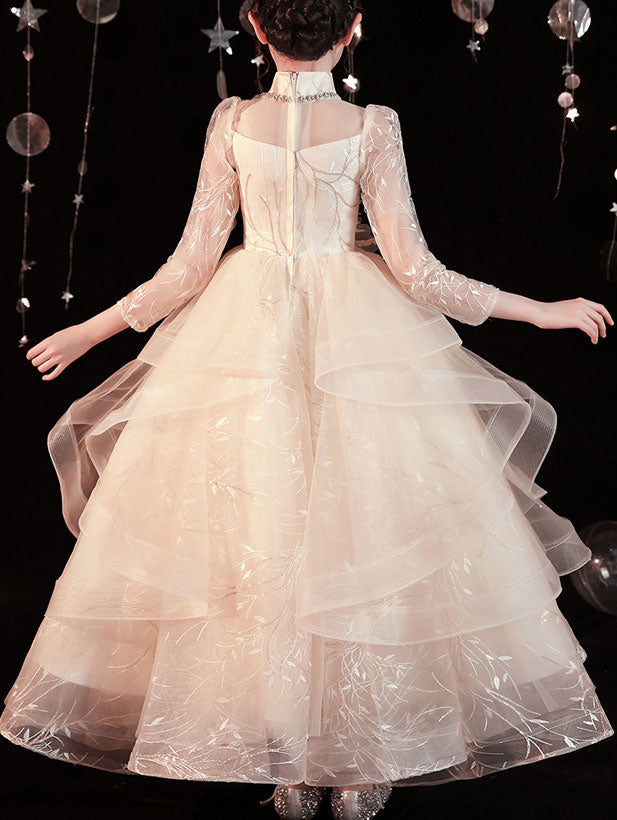 Beige Sequins Girls Tulle Wedding Birthday Cheongsam Dress