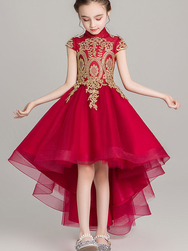 Gold Red Girls High Low Wedding Birthday Cheongsam Dress