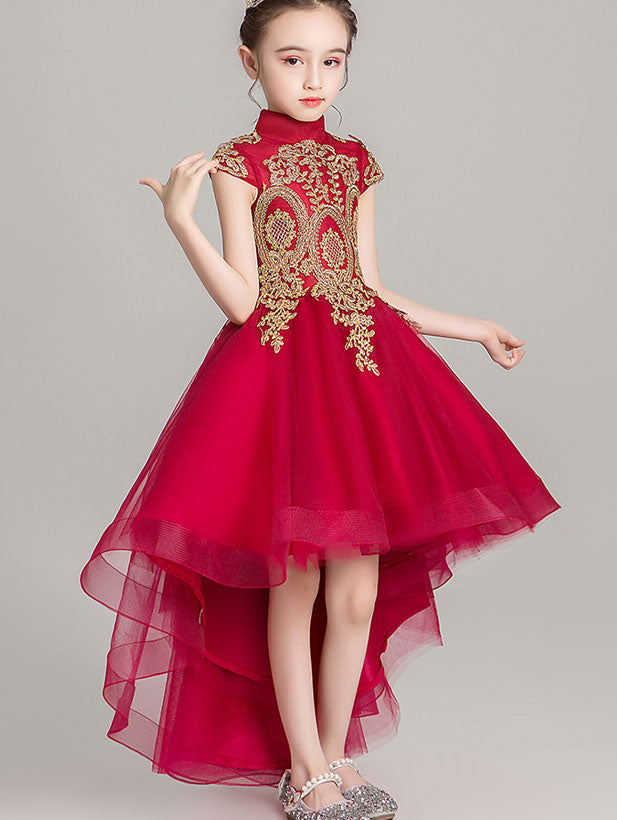 Gold Red Girls High Low Wedding Birthday Cheongsam Dress