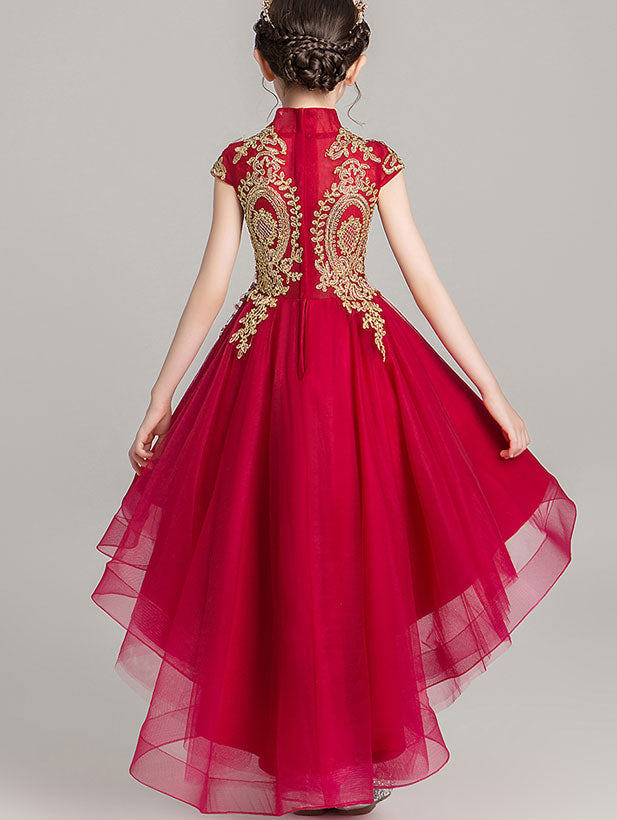 Gold Red Girls High Low Wedding Birthday Cheongsam Dress