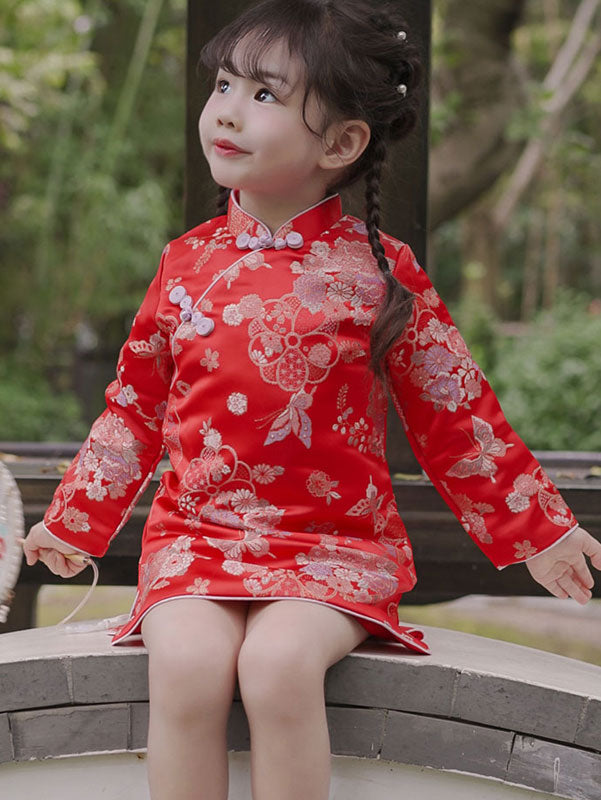 Pink Red Kid Girls Jacquard Floral Qipao Cheongsam Dress