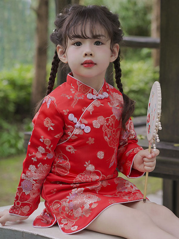 Pink Red Kid Girls Jacquard Floral Qipao Cheongsam Dress