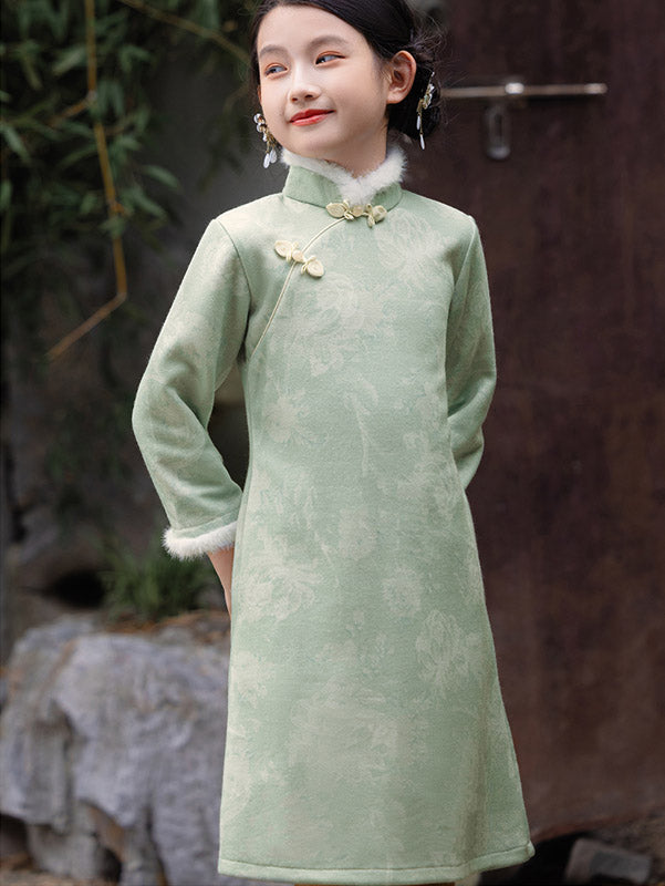 Green Mom Daughter Matching Winter Pocket Qipao Cheongsam Dress