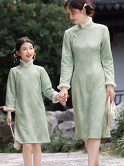 Green Mom Daughter Matching Winter Pocket Qipao Cheongsam Dress