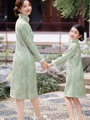 Green Mom Daughter Matching Winter Pocket Qipao Cheongsam Dress