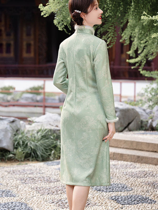 Green Mom Daughter Matching Winter Pocket Qipao Cheongsam Dress