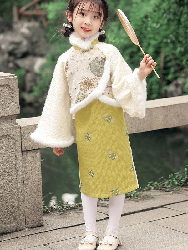 Yellow Embroidered Kids Girls Winter Qipao Cheongsam Dress