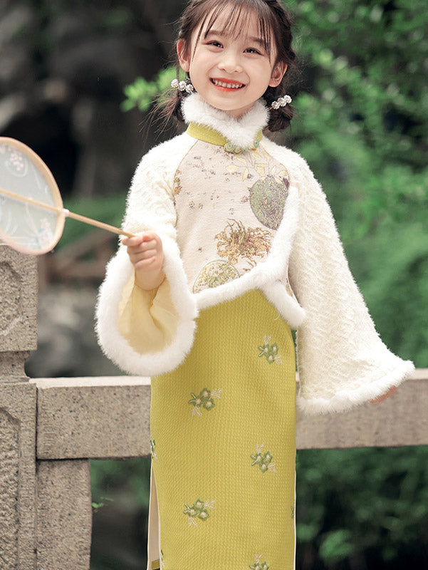 Yellow Embroidered Kids Girls Winter Qipao Cheongsam Dress