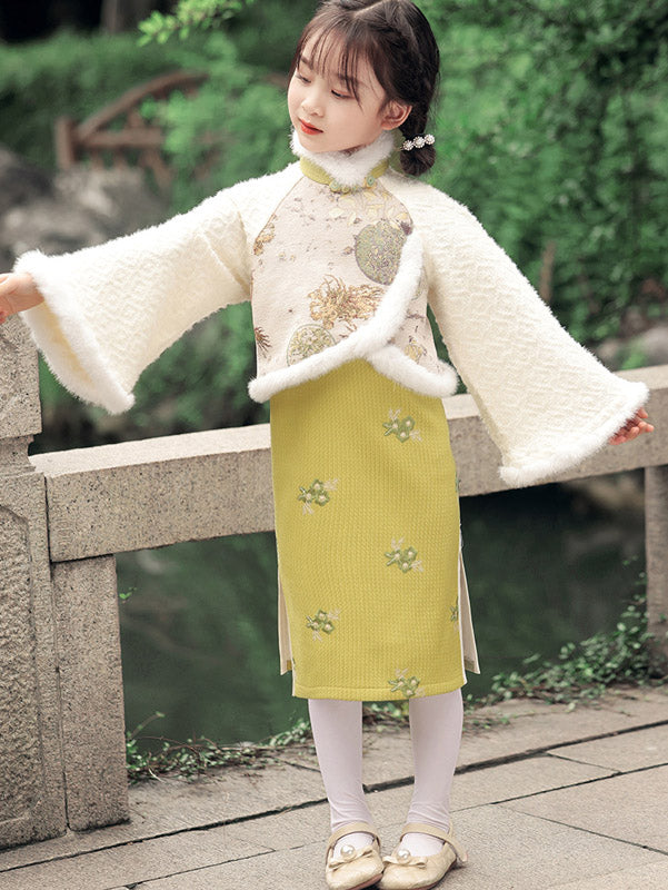 Yellow Embroidered Kids Girls Winter Qipao Cheongsam Dress