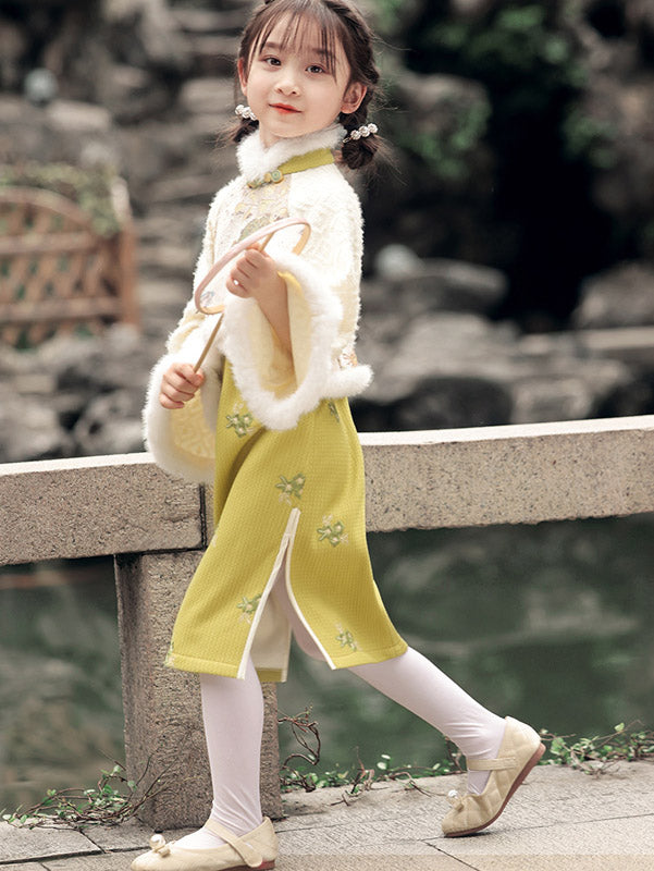 Yellow Embroidered Kids Girls Winter Qipao Cheongsam Dress