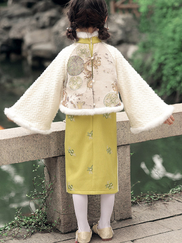 Yellow Embroidered Kids Girls Winter Qipao Cheongsam Dress