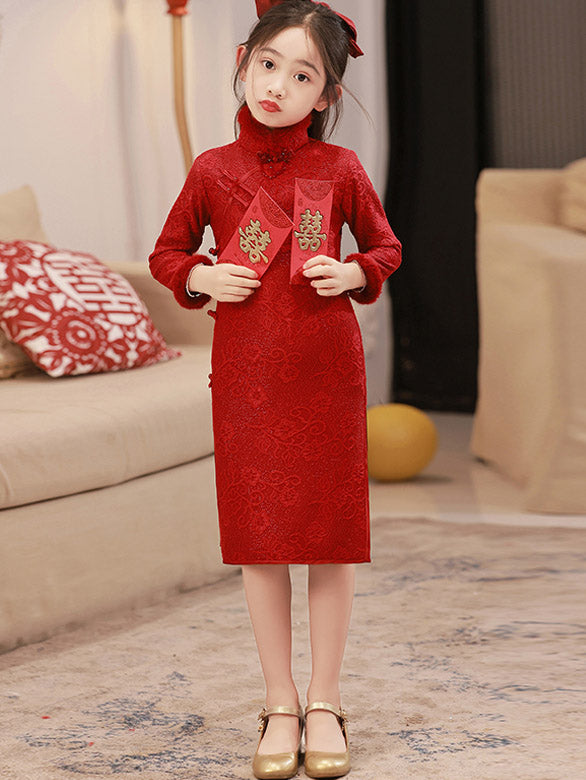 Red Shimmer Lace Fleece Kids Girls New Year Cheongsam Dress