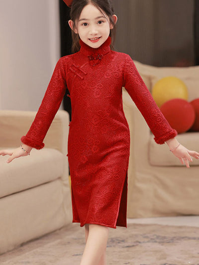 Red Shimmer Lace Fleece Kids Girls New Year Cheongsam Dress