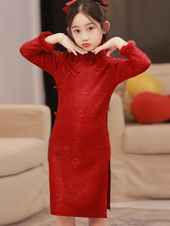Red Shimmer Lace Fleece Kids Girls New Year Cheongsam Dress