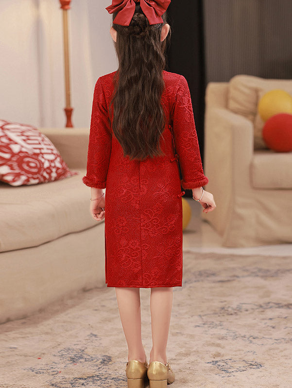 Red Shimmer Lace Fleece Kids Girls New Year Cheongsam Dress