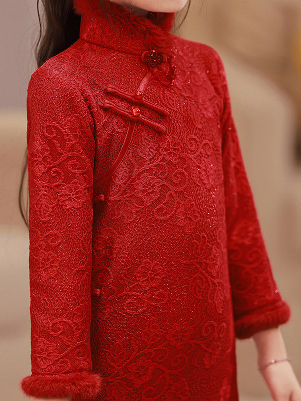 Red Shimmer Lace Fleece Kids Girls New Year Cheongsam Dress