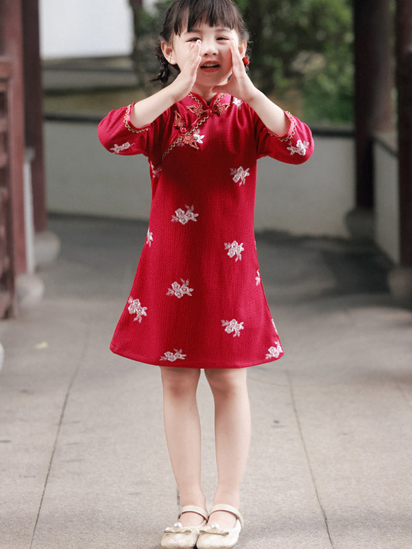 Red Embroidered Kids Girls Qipao Cheongsam Dress