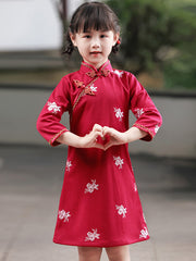 Red Embroidered Kids Girls Qipao Cheongsam Dress