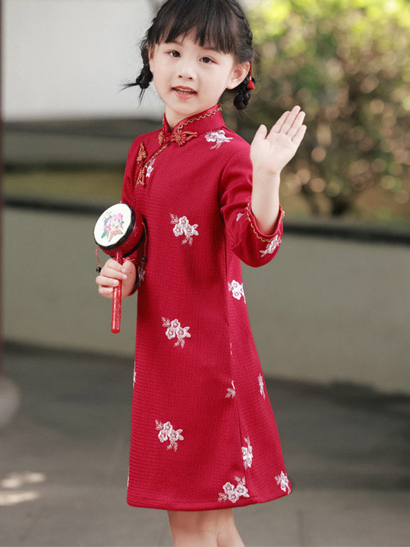 Red Embroidered Kids Girls Qipao Cheongsam Dress