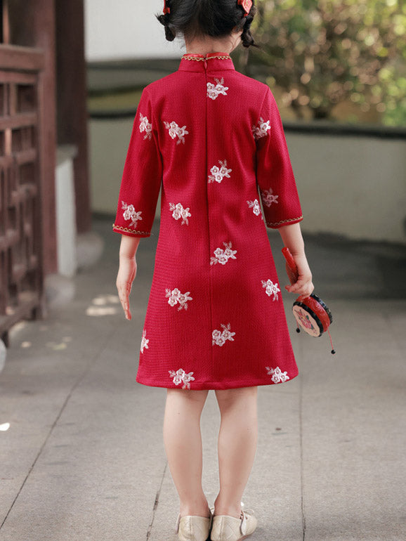 Red Embroidered Kids Girls Qipao Cheongsam Dress