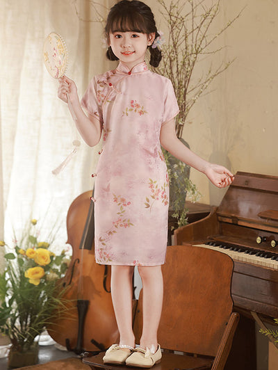 Pink Floral Print Kids Girls Qipao Cheongsam Dress