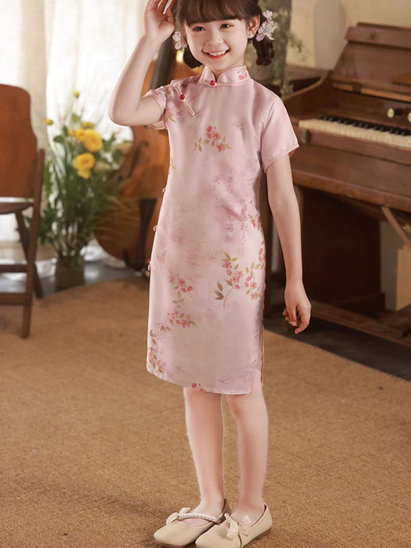 Pink Floral Print Kids Girls Qipao Cheongsam Dress