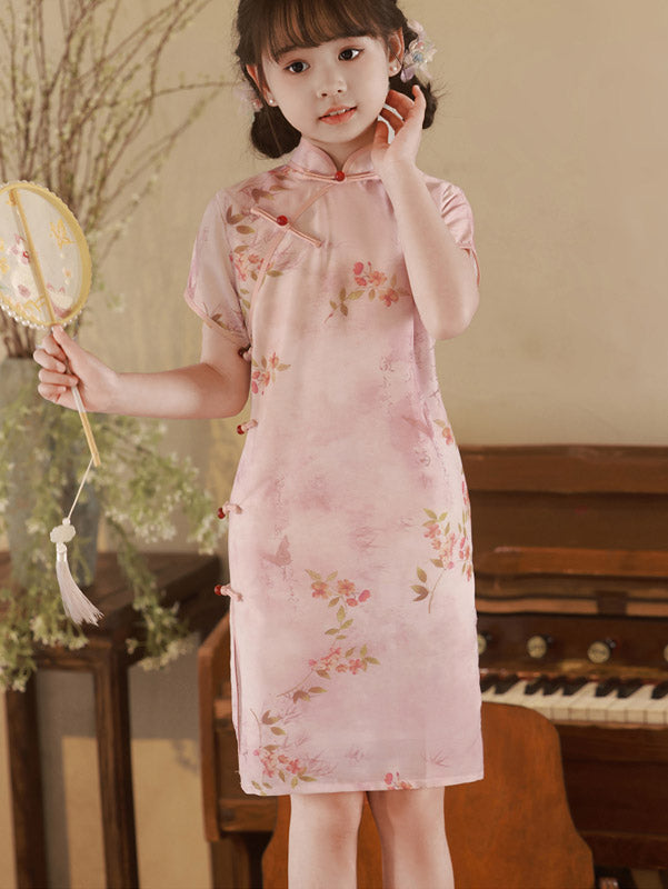 Pink Floral Print Kids Girls Qipao Cheongsam Dress