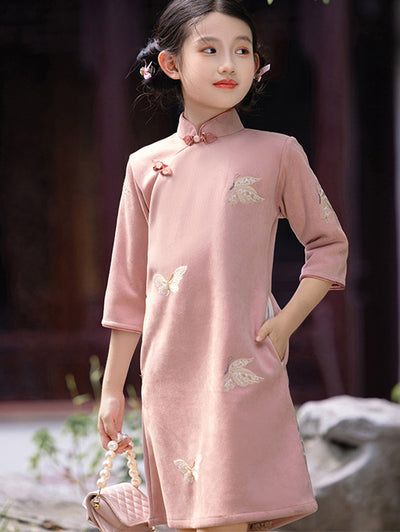 Pink Embroidered Suede Kids Girls Qipao Cheongsam Dress