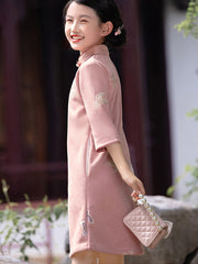 Pink Embroidered Suede Kids Girls Qipao Cheongsam Dress