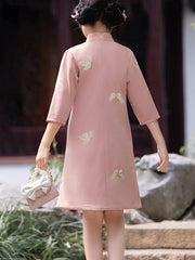 Pink Embroidered Suede Kids Girls Pocket Qipao Cheongsam Dress