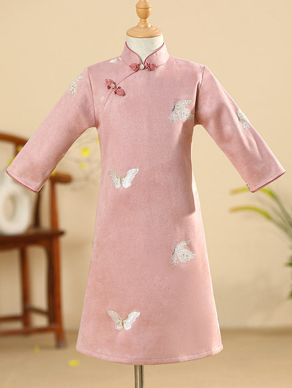 Pink Embroidered Suede Kids Girls Pocket Qipao Cheongsam Dress