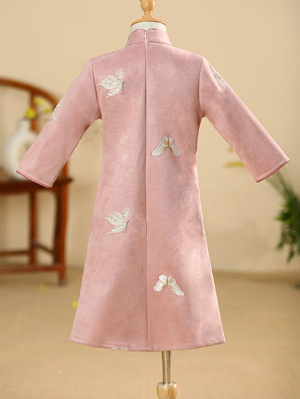 Pink Embroidered Suede Kids Girls Pocket Qipao Cheongsam Dress