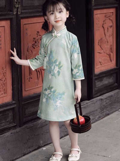 Green Floral Kids Girls Qipao Cheongsam Dress