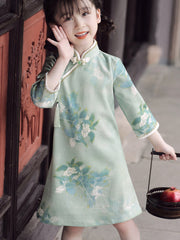 Green Floral Kids Girls Qipao Cheongsam Dress