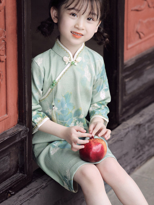 Green Floral Kids Girls Qipao Cheongsam Dress