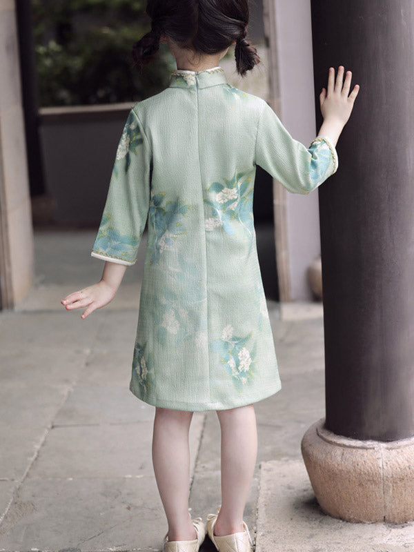 Green Floral Kids Girls Qipao Cheongsam Dress