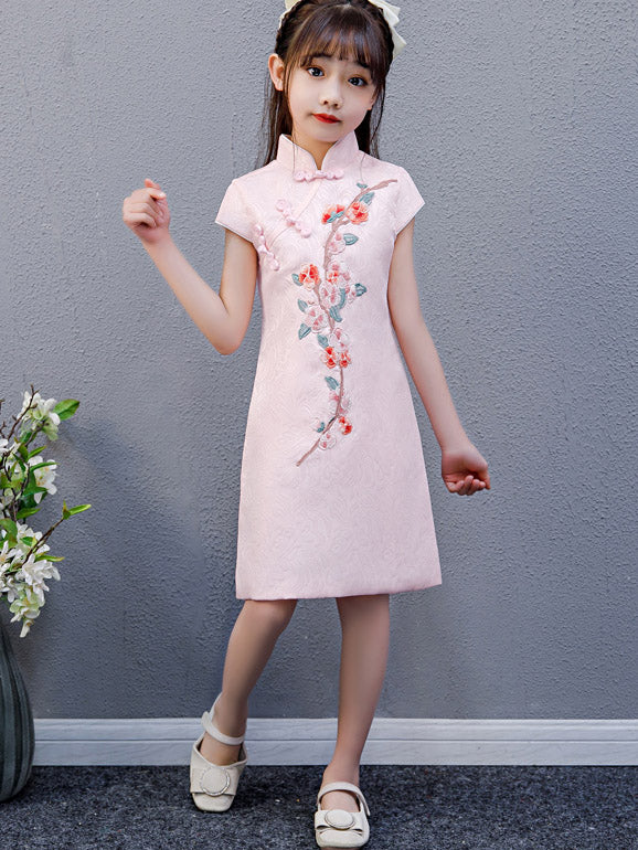 Pink Embroidered Kids Girls Qipao Cheongsam Dress