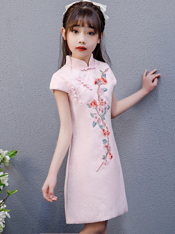 Pink Embroidered Kids Girls Qipao Cheongsam Dress