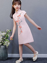 Pink Embroidered Kids Girls Qipao Cheongsam Dress