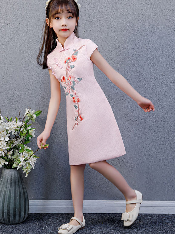 Pink Embroidered Kids Girls Qipao Cheongsam Dress