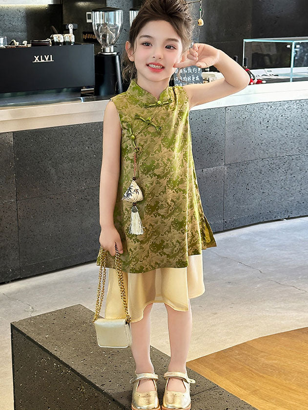 Green Jacquard Kids Girls Qipao Cheongsam Dress