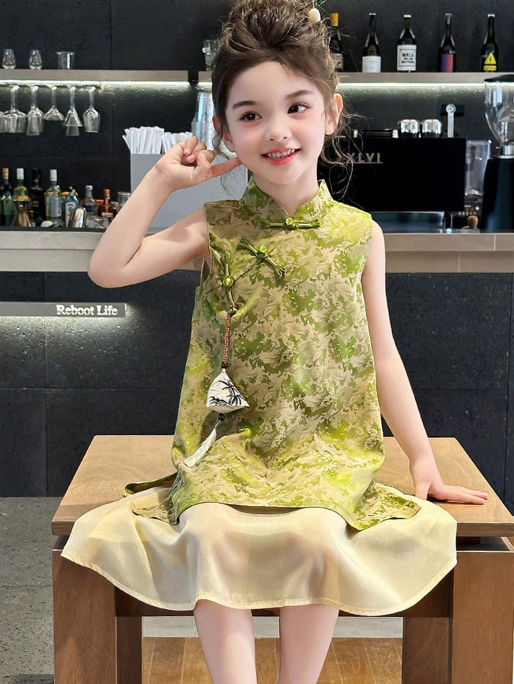 Green Jacquard Kids Girls Qipao Cheongsam Dress