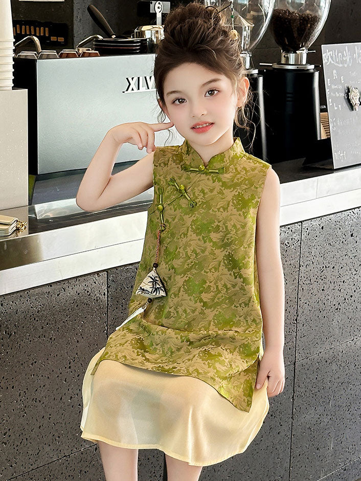 Green Jacquard Kids Girls Qipao Cheongsam Dress